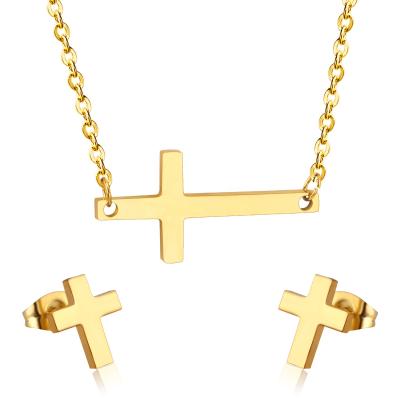 China Wholesale Cute Stainless Steel Jewelry Gold Cross Earring Necklace Jewelry Set for sale