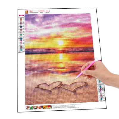 China Modern 5d Diy Diamond Painting Kits Full Drill Square Bead Embroidery Custom Size Sunset Beach Love Handwork Wall Art for sale