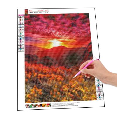 China Beautiful Pastoral Home Decor Diy Diamond Painting Full Round Drill 5d Diamond Embroidery Canvas Picture Mountain Flower Sunset Art for sale