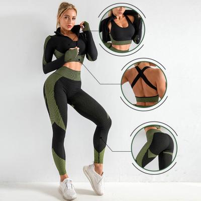 China Breathable Seamless Lulu 3 Piece Yoga Fits Long Sleeve Crop Tops Workout Tummy Control Pants Fitness Bra Gaiters Set Plus Size for sale