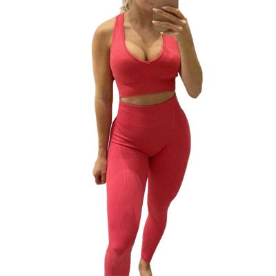 China Amazon Seller Breathable Hot V Neck Sports Bra Seamless Running Shorts Sets High Stretch Yoga Clothing High Waist Ribbed Leggings Sets for sale