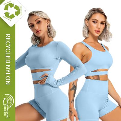 China Breathable Women Recycled Workout Outfits 5 Piece Bra Set Repreve Sustainable Fitness Friendly Skin Crop High Waist Yoga Gaiters Sets for sale