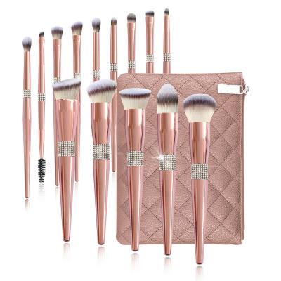 China Angular Blush 10/12/14 Pcs Logo Vegan Makeup Brushes Tool Private Label Rose Gold Diamond Handle OEM Makeup Brush Set for sale