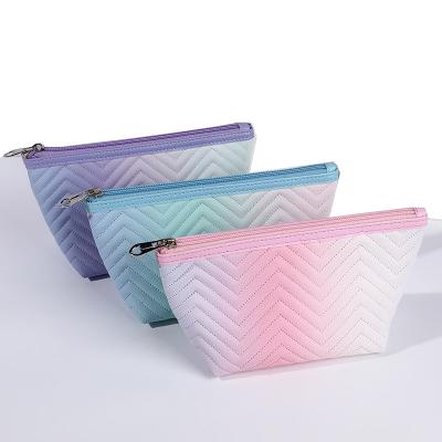 China Fashion Personalized Waterproof Women Storage Makeup Brush Bags Stitched Purple Gradient Color Leather Toiletry Bag Travel Cosmetic Bag for sale