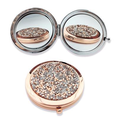 China Glitter Diamond 2.75 Magnifying 1X/2X Inch Magnifying Cosmetic Mirror Round Pocket Handheld Travel Makeup Mirror for sale