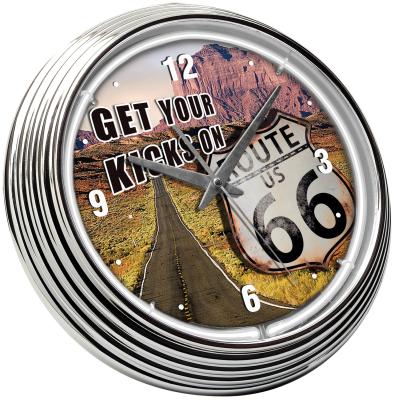 China Custom Antique Style Clock Face Neon Tube Lighting Route 66 Wall Clock for sale