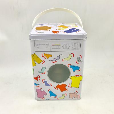 China Recycled Packaging Materials Washing Machine Shape Laundry Powder Storage Box Metal Tin With Handle And Plastic Body Window for sale