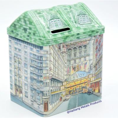 China Mints Cute House Shape Tin Coin Bank Metal Money Bank For Kids for sale