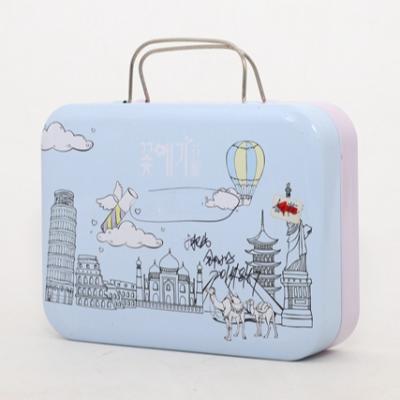 China Custom Made Eco-friendly Metal Suitcase Gift Hinged Tin Box With Handle Rectangular Empty Tin Container For Kids for sale