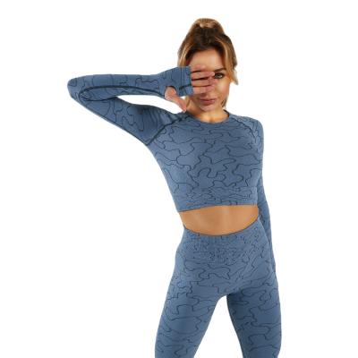 China 2021 New Breathable Women Camouflage Yoga Set Seamless Yoga Set Long Sleeves Crop Leggings Workout Set for sale