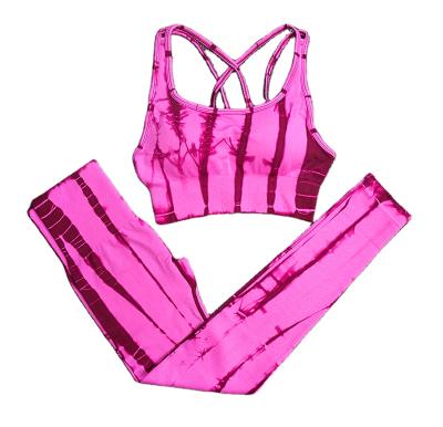 China Breathable Women Striped Print Two Piece Seamless Bra Set 2 Piece Yoga Seamless Crop Set Fitness Yoga Pants for sale