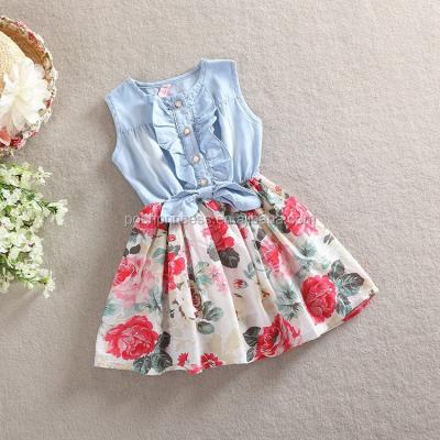 China Washable Denim Vintage Rose Flower Print 2 Year Old Girl Dress for sale