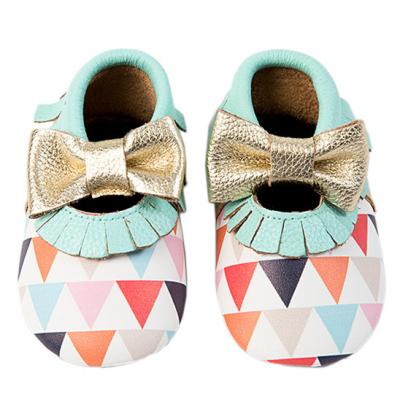 China GENUINE LEATHER Triangle Printed 100% Genuine Leather Baby Moccasins Shoes With Bow for sale