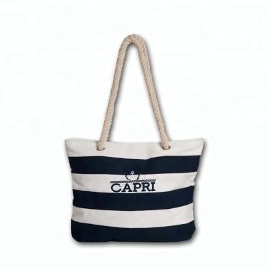 China Striped Canvas Blue And White Beach Bag With City Name Embroidered for sale