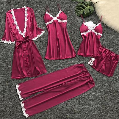 China Sexy Thermal Breathable Flower Printing Silk Underwear Robes 4 Piece Pajamas Set For Women for sale