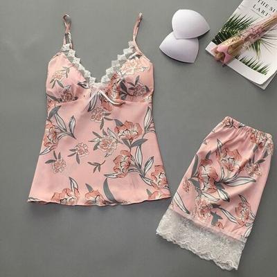 China Women Sleeveless Thermal Satin Cami Top Pajamas Flower Thermal Print Satin Tie Up Lace Sets for sale