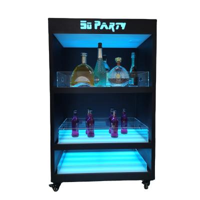 China Custom Morden Nightclub 3 Row Mobile Champagne Wine Cooler Cabinet Glass Red Display LED Logo Bar KTV For Nightclub for sale