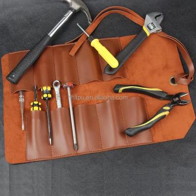 China Waterproof durable new style fashionable cowhide leather tool storage rolling tool organizer electrician and technician tool carrier bag for sale