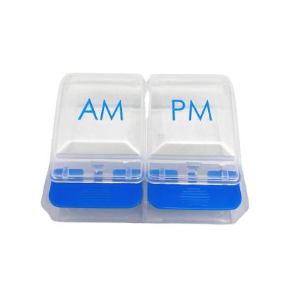 China Mini Disposable Plastic Travel 2 Compartment Pill Box for Daily Pocket or Purse Vitamin Fish Oil Supplements for sale