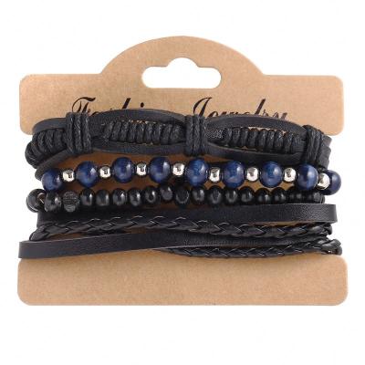 China Amazon FASHION Hot Selling Personalized Blue-Silver Beads Men's Bracelets, Retro Black Beaded Braided Leather Bracelets for sale