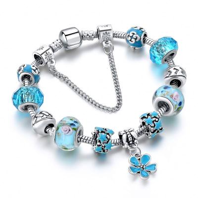 China FASHIONABLE Hot Sale Charm Bracelet Big Hole Beads Flower Pendant Silver Bracelets For Women for sale