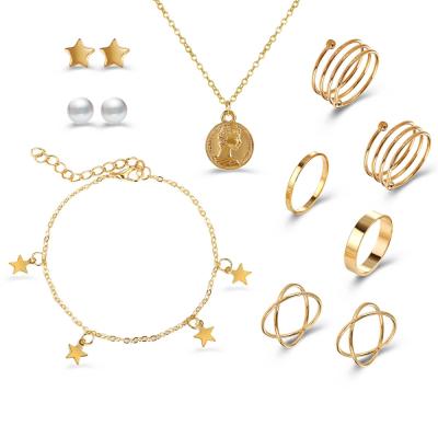 China New FASHIONABLE Metal Jewelry Set 10 Piece Pearl Earrings Rings Star Bracelet And Necklace Jewelry Set For Women for sale