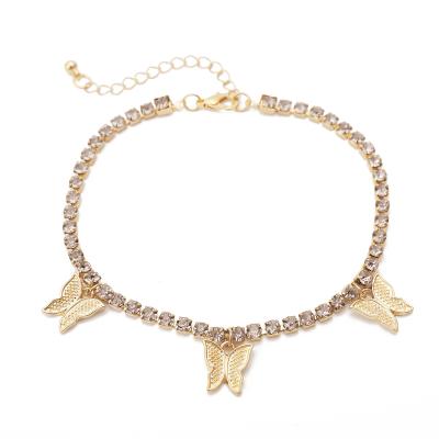 China FASHIONABLE Hot Selling Full Pink Inlaid Diamond Chain Anklet New-designed Gold Butterfly Chain Anklets for sale