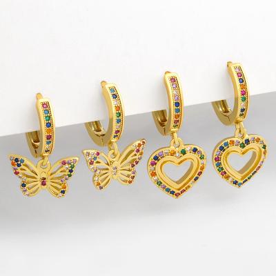 China Hot Sale Vintage Diamond Hollow Butterfly Heart Tassel Stud Earrings Full Square Zircon Copper Colorful Gold High Grade For Women for sale