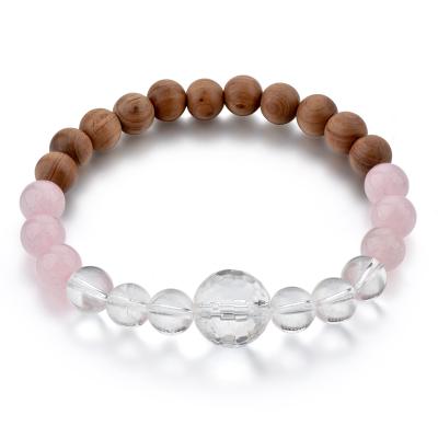 China FASHIONABLE Natural Wood Beads Wooden Beaded Bracelet with Rose Quartz Stone and Glass Beads Wooden Bracelet for sale