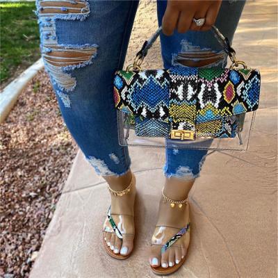 China Summer Oblique Ladies Anti-Smell Anti-Smell Shoes Bag Snakeskin Print Simple Handbag Slippers Set Two-Piece Square Buckle Leisure Bag Diagonal Sandals for sale