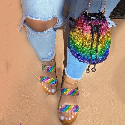 China Smell Matching Anti-Smell Pinch Rainbow Rhinestone Handbags Bag Slippers Fashion Candy Color Crystal Diamond Bags Jelly Purse and Shoe Set for sale