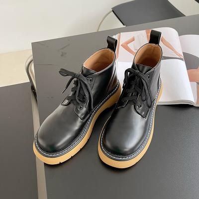 China Autumn Winter Fashion Women Boots Anti-skid Platform Lace-up Ankle Boots Non-slip Round Toe Flat Shoes Ladies Reject Medium Tube Shoes for sale