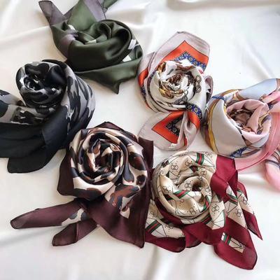 China Popular Popular Print Scarves Women Adjust Custom Silk Scarf With Twill Ribbon Neck Band Tie Logo Handle Bag Long Hair Decorative Scarf for sale