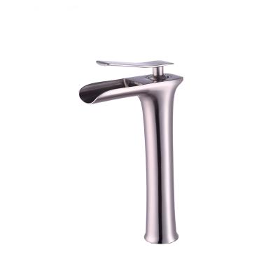 China Metered Faucets Basin Faucet Waterfall Bathroom Faucet High Brushed Single Handle Basin Faucet for sale