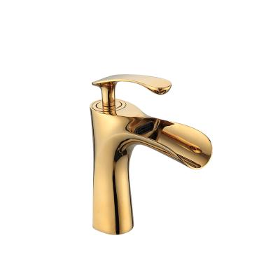 China Hot Cold Single Porcelain Faucet Tap Single Hole Bathroom Faucet Taps Brass Waterfall Basin Mixer Metered Dark Gold Mixer for sale