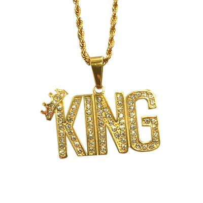 China Hiphops Mens King Pendant Necklace Stainless Steel Chain Jewelry Nickel Free Pave Diamond 18K Gold Necklace for sale