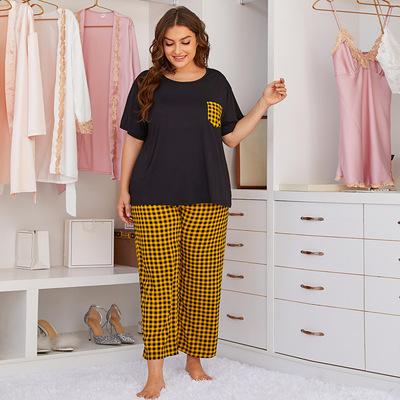 China Autumn Breathable Woman Set Yellow Plaid Pajama Pants 2 Pieces Sets Plus Size Women Sleepwear High Quality Comfortable Pajamas for sale