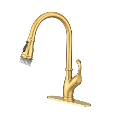 China Art Luxury Brushed Gold Kitchen Thermostatic Faucets Commercial Mixer Tap Pull Out Hose Kitchen Faucet With Wear Brush Head for sale