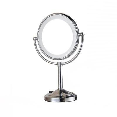 China 360 Degree Rotation Lighted Double Sided Small Table Round 8 Inch Magnifying Mirror Stand Up Makeup Cosmetic Mirror With Led Light for sale