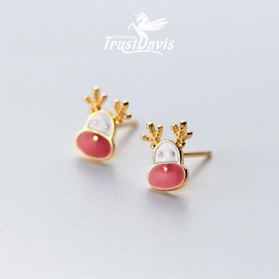 China TrustDavis 925 Sterling Silver Cute Elk Christmas Gift Cute Authentic Animal Stud Earrings For Women Girls Fashion Sweet Jewelry F221 for sale