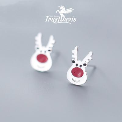 China TrustDavis 925 Sterling Silver Cute Elk Christmas Gift Cute Authentic Animal Stud Earrings For Women Girls Fashion Sweet Jewelry F213 for sale