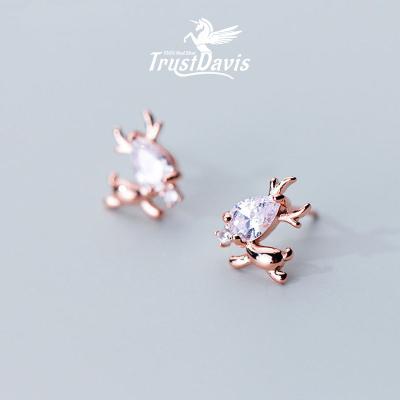 China TrustDavis 2021 TRENDY New Female Authentic 925 Sterling Silver Christmas Gifts Elk Fashion Personality Set Zircon Stud Earrings F231 for sale