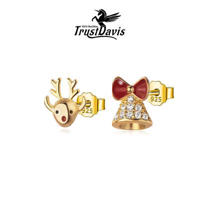 China TrustDavis 2021 TRENDY New Fashion Gold Plated 925 Female Sterling Silver Christmas Gifts Bell Set Zircon And Deer Stud Earrings F225 for sale