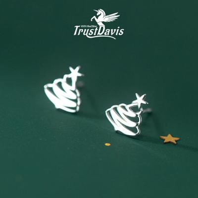 China TrustDavis TRENDY Christmas Earrings 925 Sterling Silver Minimalist Christmas Tree Stud Earrings For Women Trendy Jewelry Gift F332 for sale