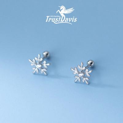 China TrustDavis TRENDY Christmas Snowflakes With Small Zircon Stud Earrings Screw Beads For Girls 925 Sterling Silver Women Jewelry F377 for sale