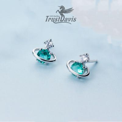 China Cute TrustDavis Green Zircon Planet 925 Sterling Silver Stud Earring For Women Fashion Girls Sweet Jewelry Gift F004 for sale