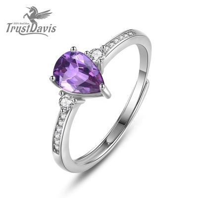 China Real 925 Sterling Silver Ring 5mm Stone CLASSIC Ring Women Light Luxury Fashion Adjustable Purple CZ From TrustDavis Wedding Jewelry L201 for sale