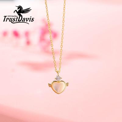 China TrustDavis TRENDY 925 Sterling Silver Necklace Heart Wings with Opal Pendant Necklace Personality for Women Korean Fine Jewelry L311 for sale