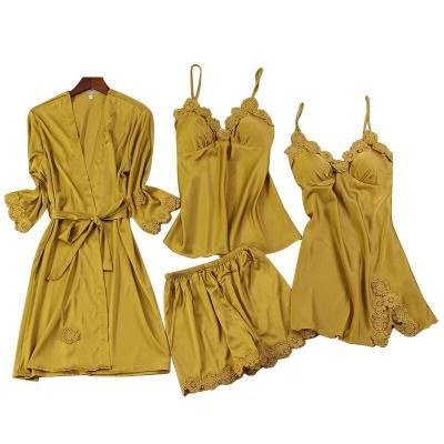 China Hot Sale Breathable Women Four Piece Lace Up Long Robe Satin Silk Pajamas Loungwear Sleepwear Pajamas Bottom Bathrobe Set for sale