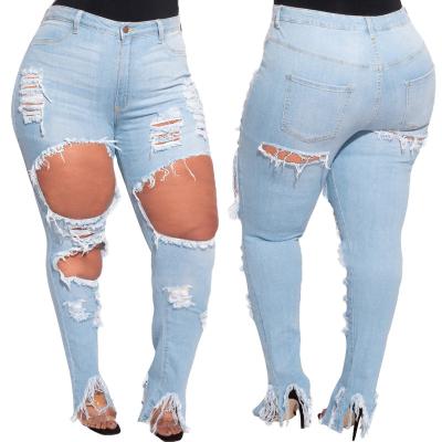 China Plus size high waist 2021 hollow ripped skinny women's denim pants plus size stretchy jeans for women for sale